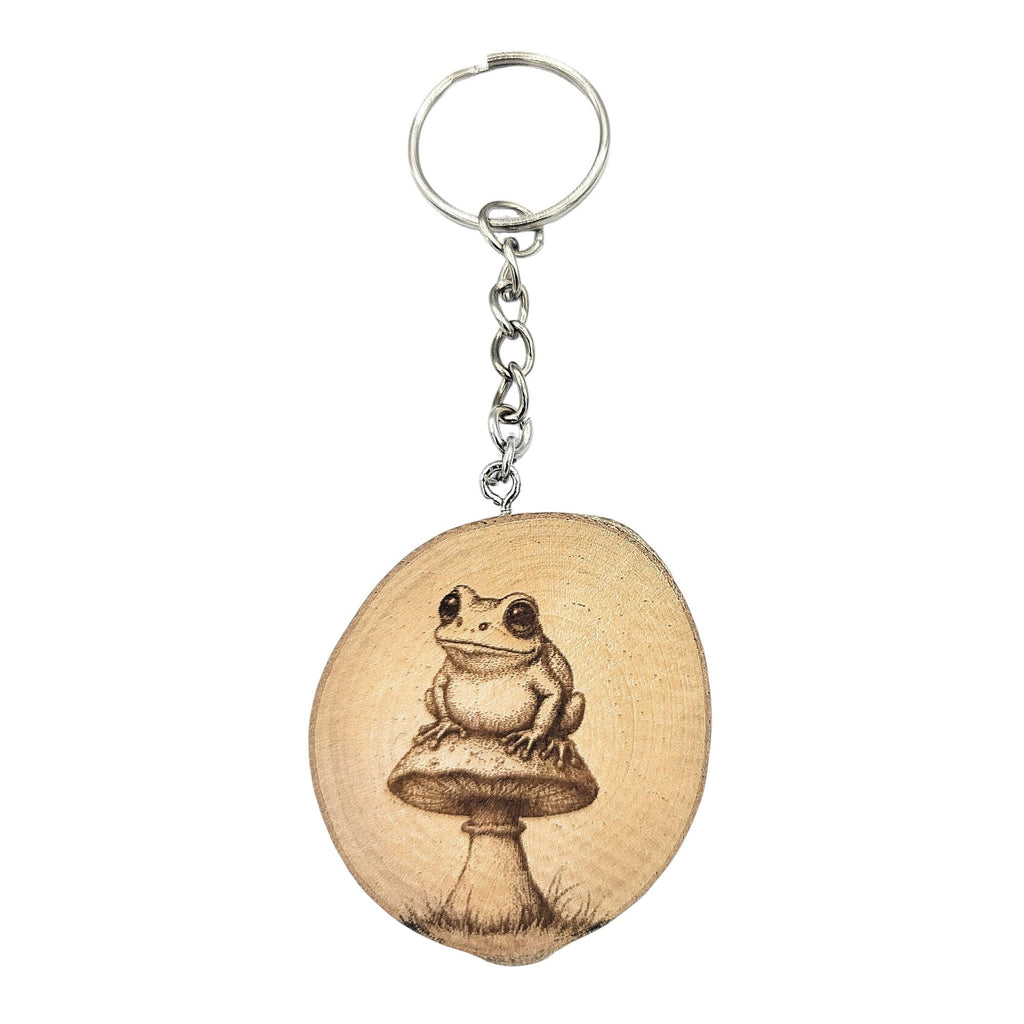 Frosch auf Fliegenpilz Lasergravierter Holz Schlüsselanhänger