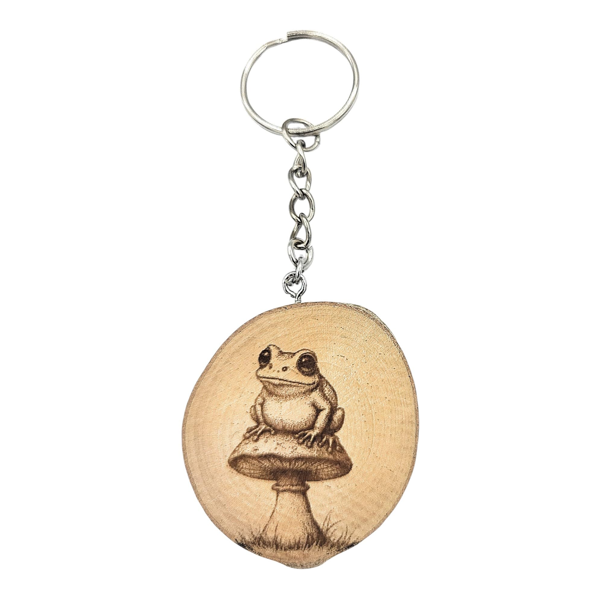 Frosch auf Fliegenpilz Lasergravierter Holz Schlüsselanhänger