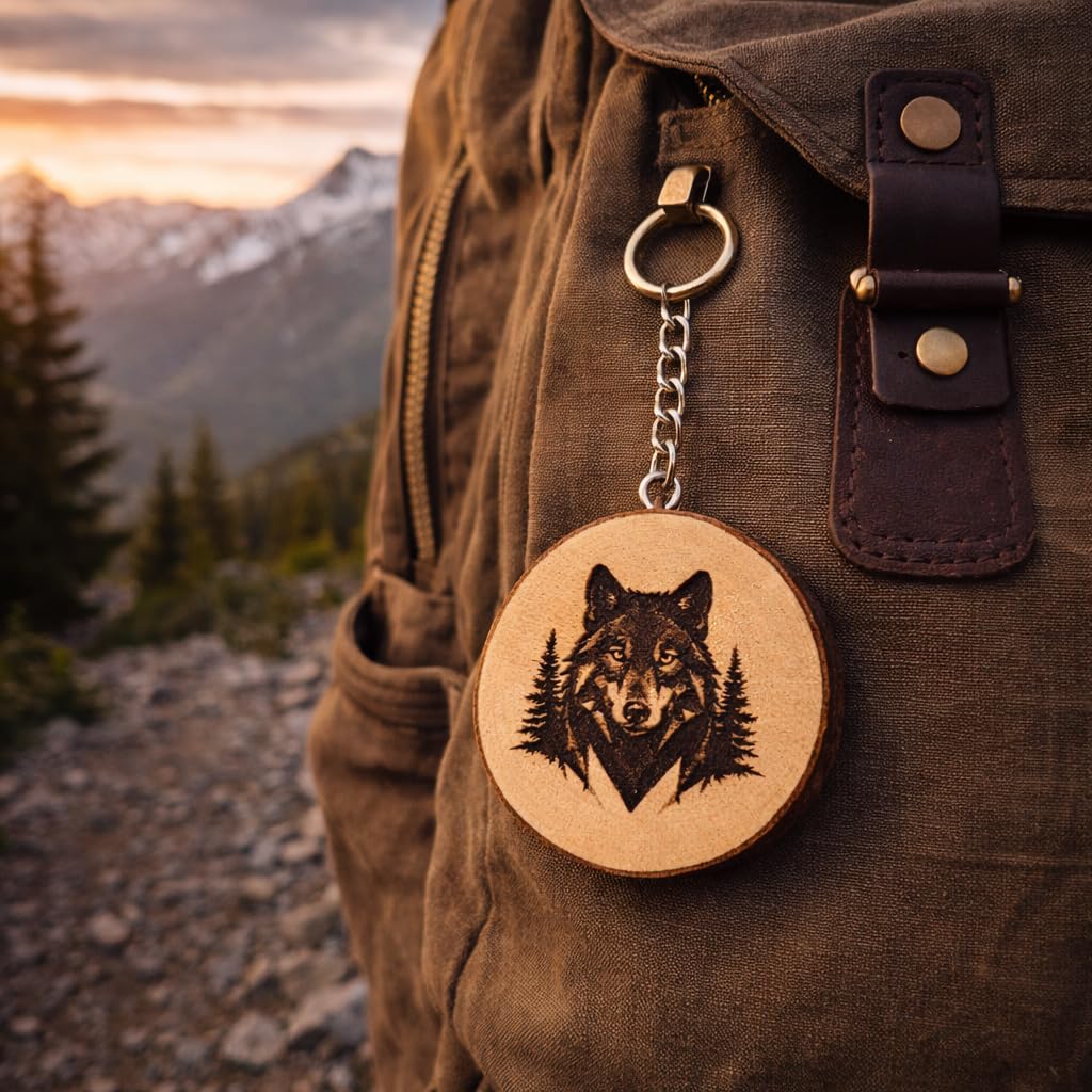 Wolf im geometrischen Design Lasergravierter Holz Schlüsselanhänger