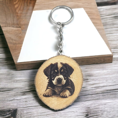 Cute Puppy Lasergravierter Holz Schlüsselanhänger