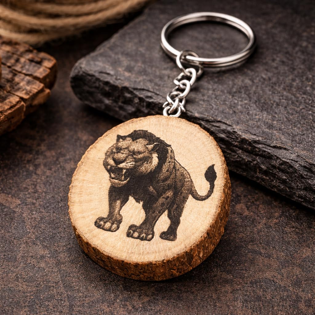 Säbelzahntiger Smilodon Lasergravierter Holz Schlüsselanhänger