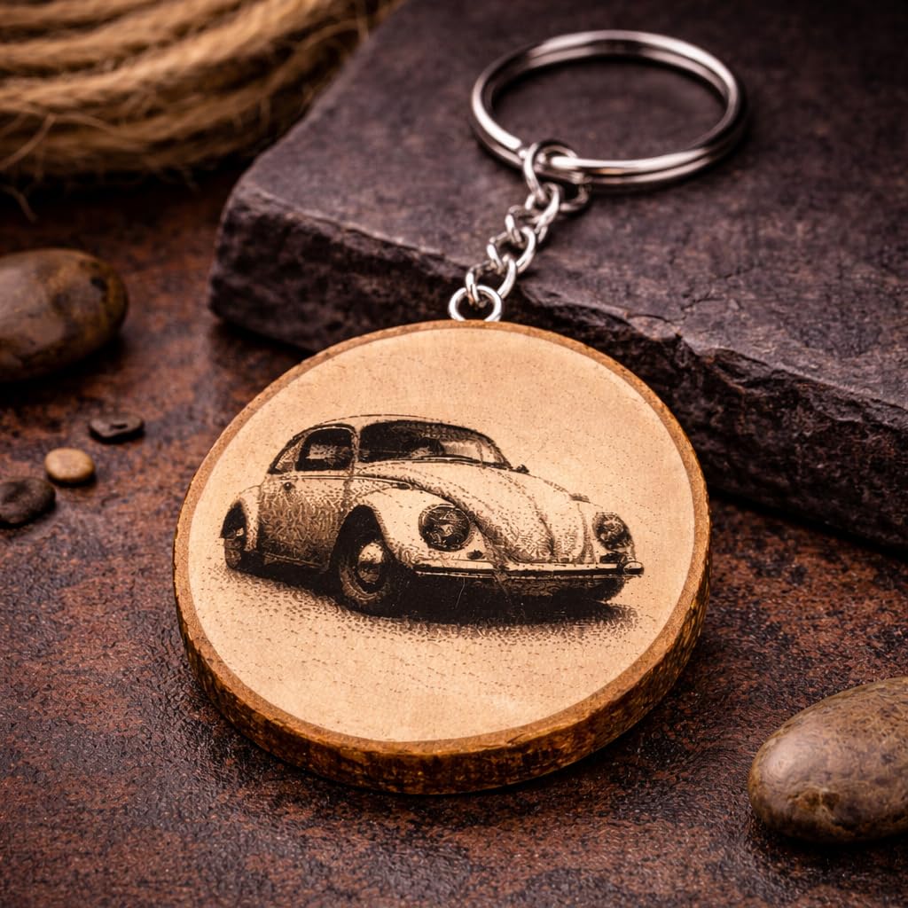 Legendäres Beetle Auto Lasergravierter Holz Schlüsselanhänger
