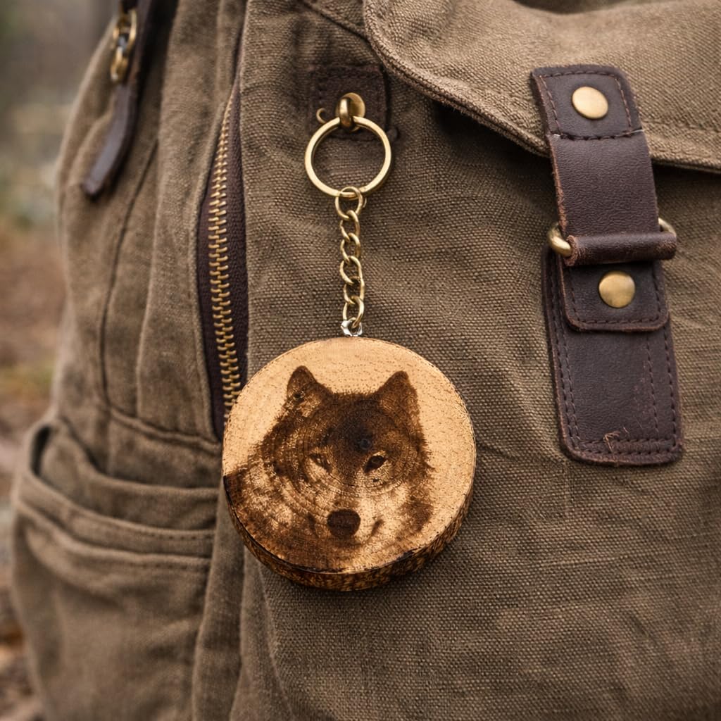 Wolf Lasergravierter Holz Schlüsselanhänger
