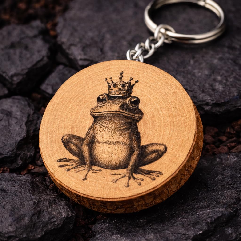 Frosch mit Krone Lasergravierter Holz Schlüsselanhänger