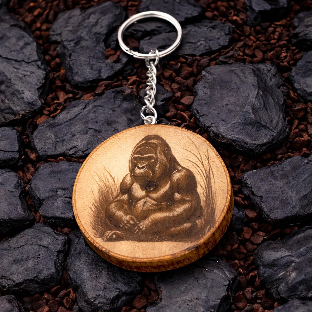 Promotech Entspannter Gorilla Schlüsselanhänger – Handgefertigter, Laser-gravierter Holz-Schlüsselring – Einzigartiges Einzelstück mit Gorilla-Motiv