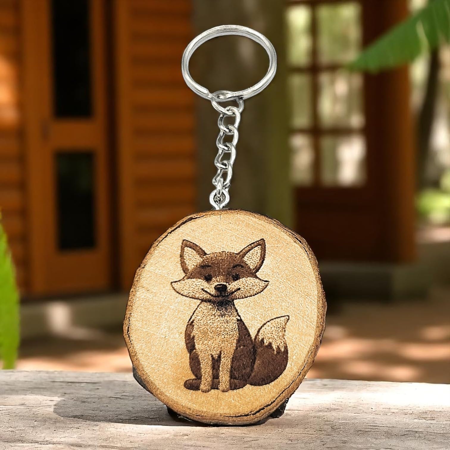 Fröhlicher Fuchs Lasergravierter Holz Schlüsselanhänger