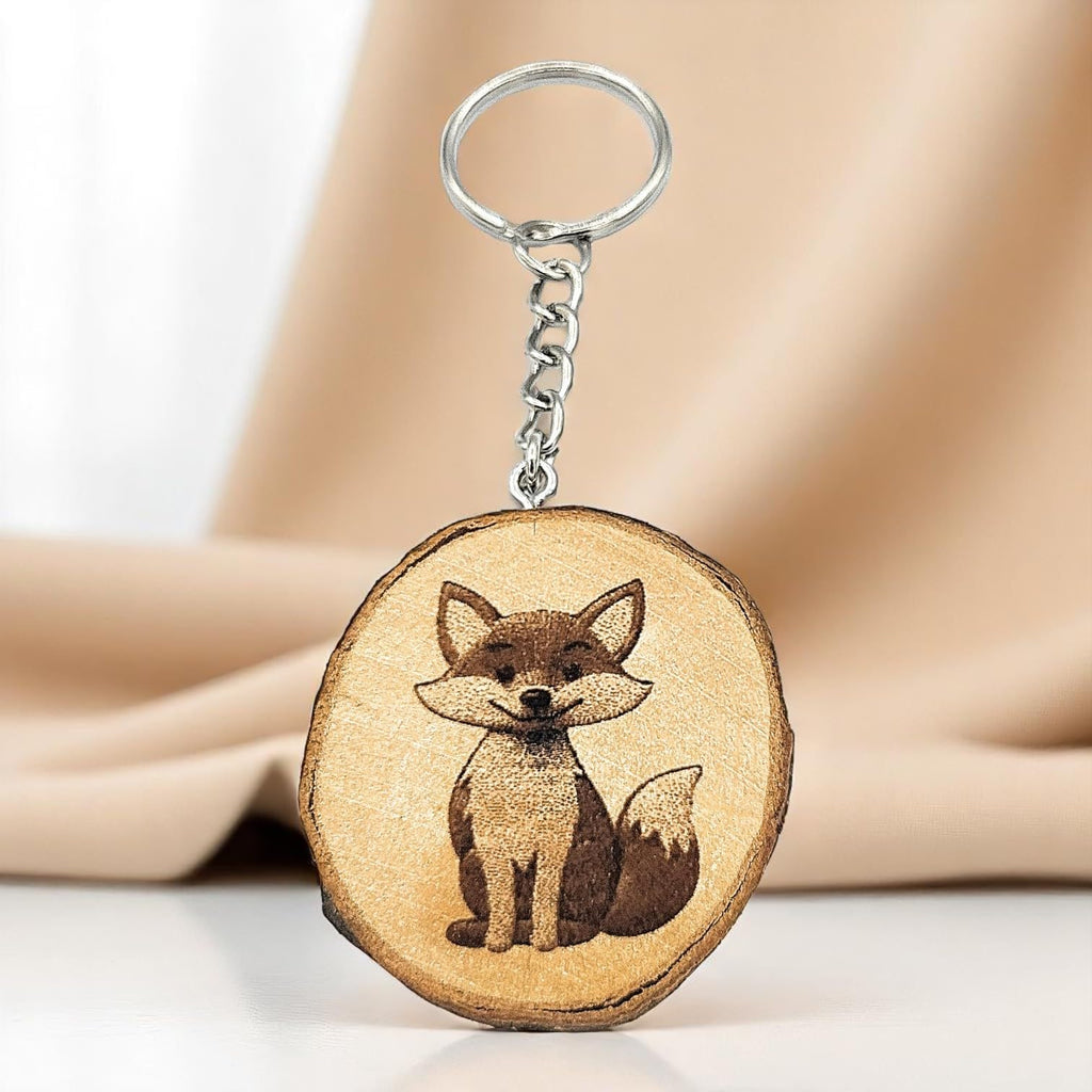 Fröhlicher Fuchs Lasergravierter Holz Schlüsselanhänger