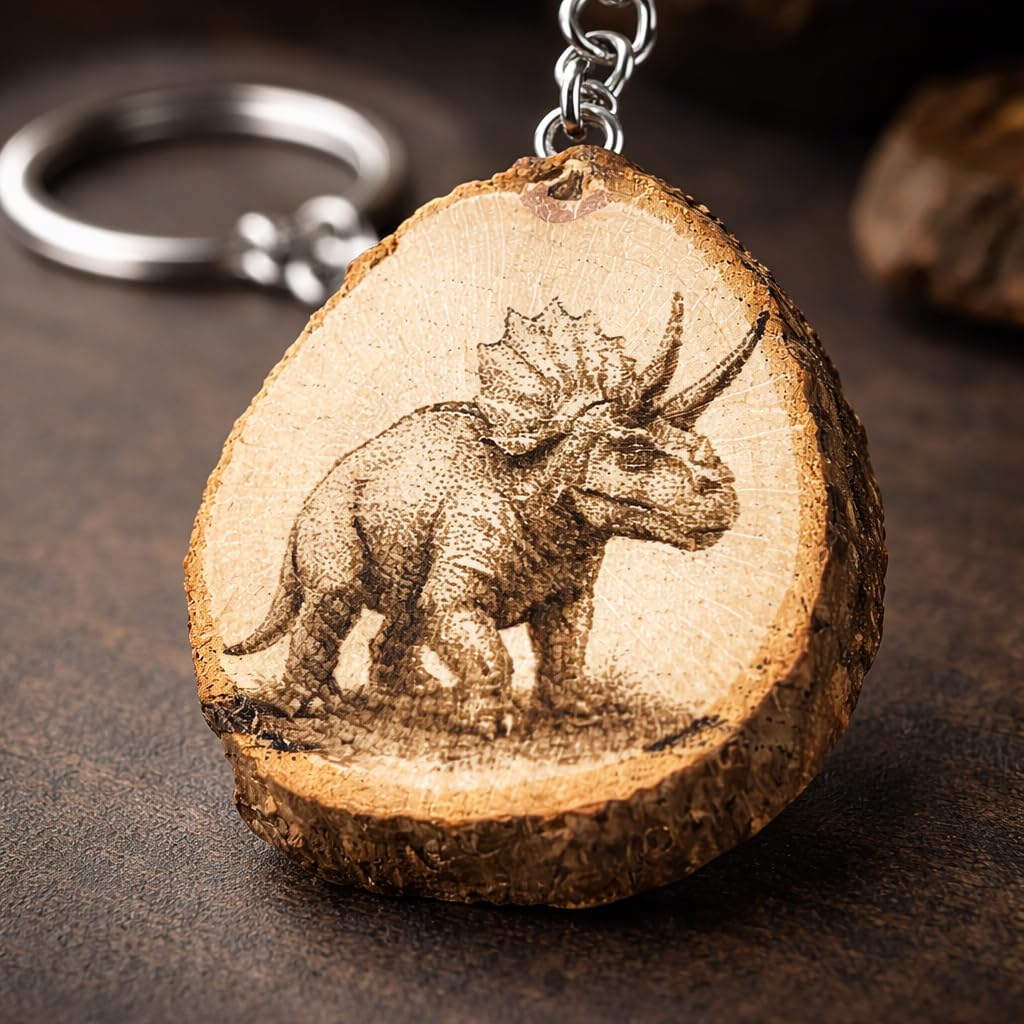 Triceratops Dinosaurier Lasergravierter Holz Schlüsselanhänger
