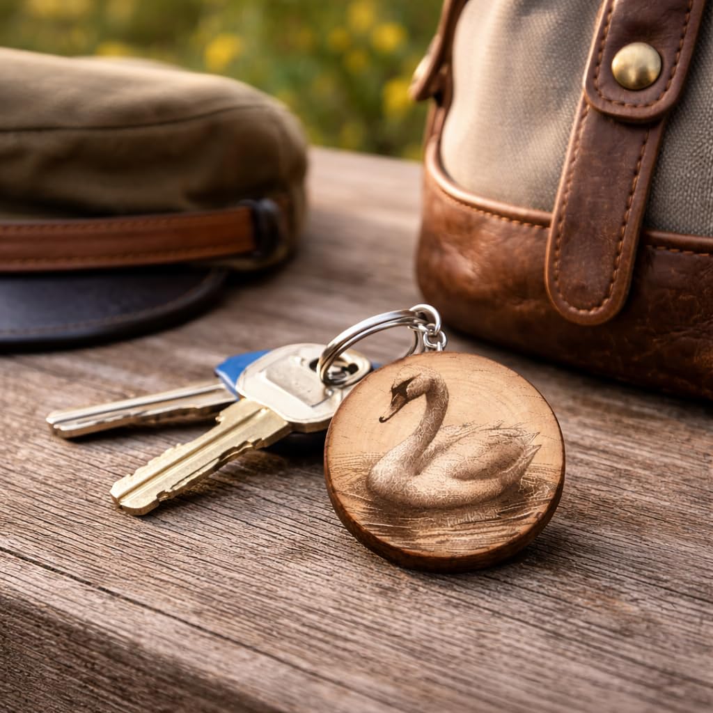 Promotech Der Schwan Handgefertigter Lasergravierter Holz-Schlüsselanhänger – Eleganter Naturholz-Schlüsselring für Tierliebhaber & Symbol für Reinheit und Schönheit