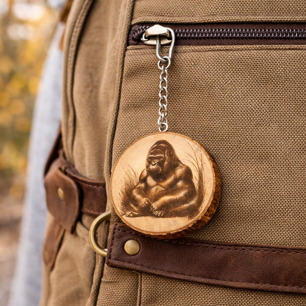 Promotech Entspannter Gorilla Schlüsselanhänger – Handgefertigter, Laser-gravierter Holz-Schlüsselring – Einzigartiges Einzelstück mit Gorilla-Motiv