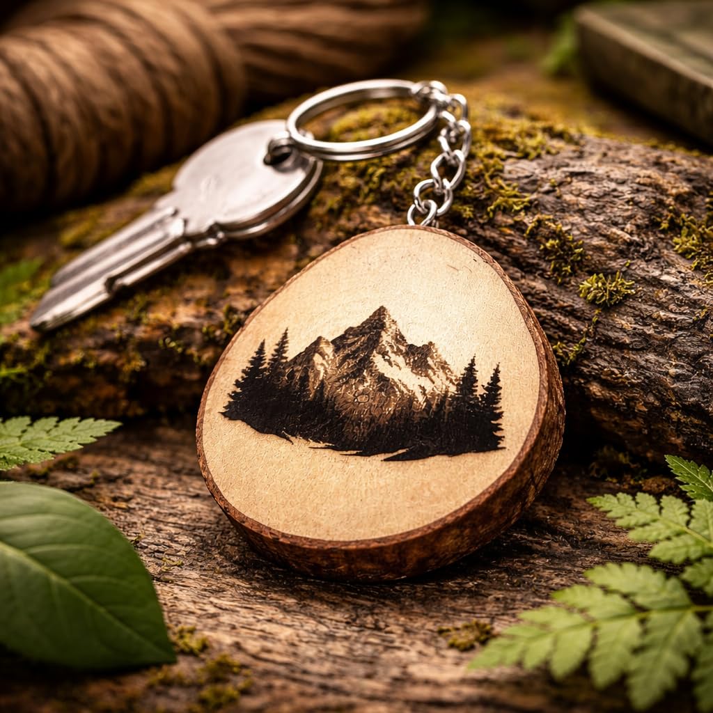 Berglandschaft mit Baum Lasergravierter Holz Schlüsselanhänger