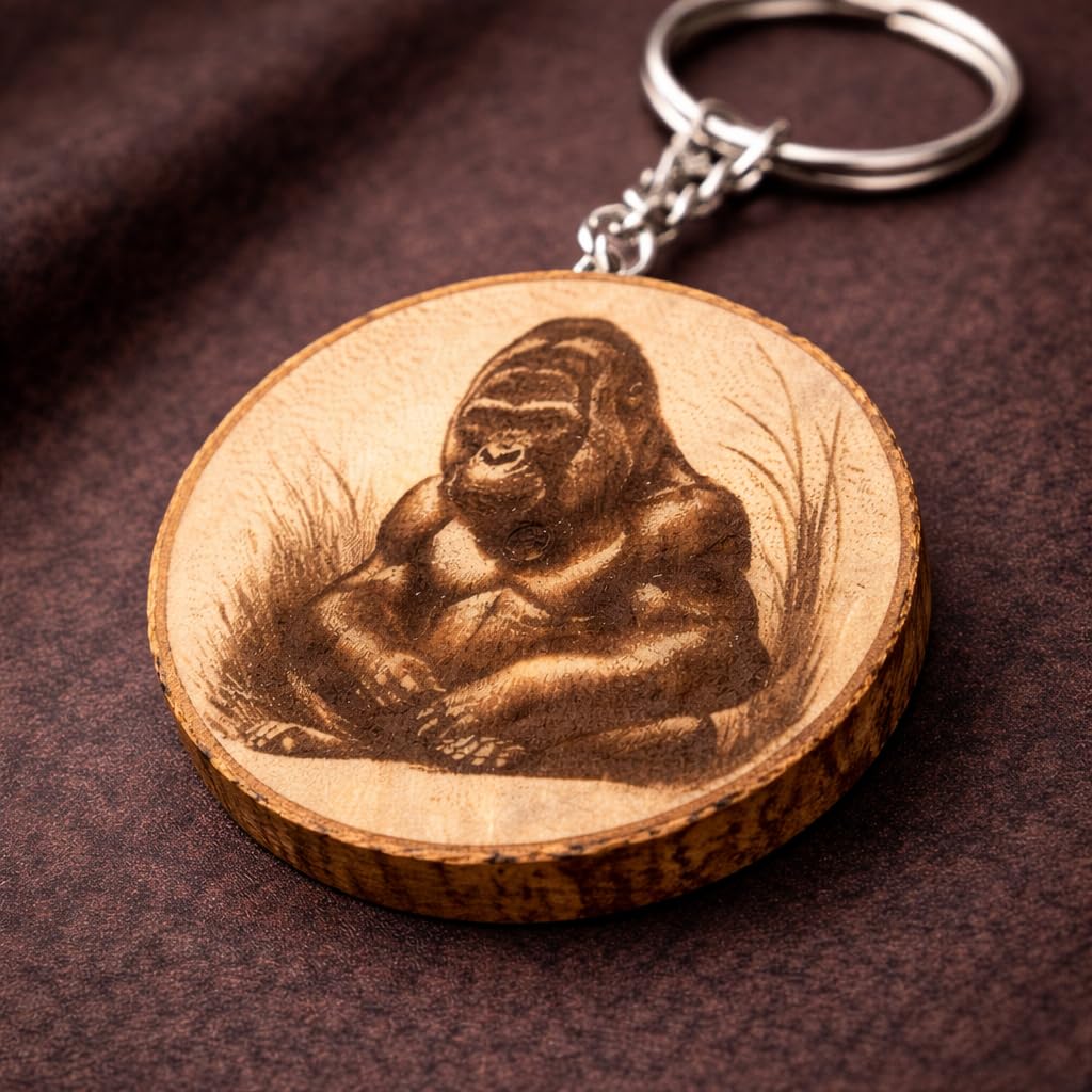 Promotech Entspannter Gorilla Schlüsselanhänger – Handgefertigter, Laser-gravierter Holz-Schlüsselring – Einzigartiges Einzelstück mit Gorilla-Motiv