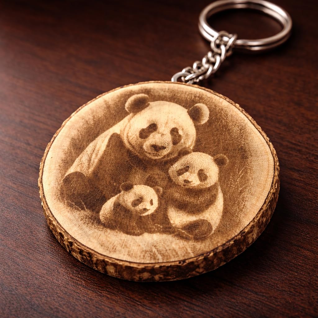 Promotech Panda Familie Handgefertigter Lasergravierter Holz-Schlüsselanhänger – Einzigartiger Naturholz-Schlüsselring für Tierliebhaber & Symbol für Familie und Zusammenhalt