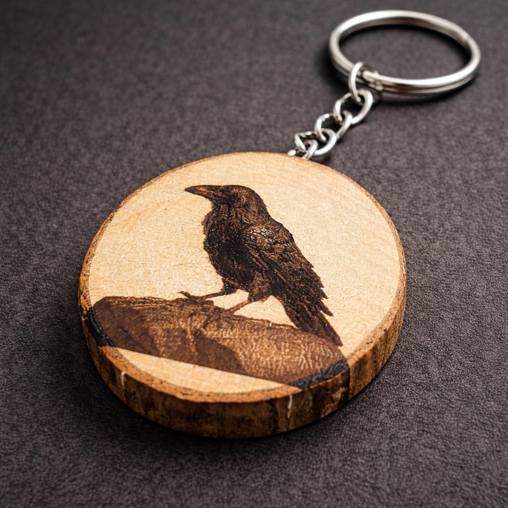 Rabe mit Lasergravur Lasergravierter Holz Schlüsselanhänger