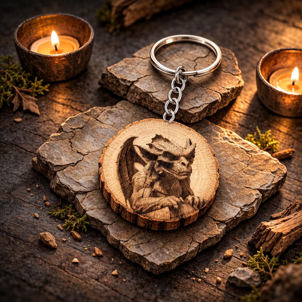 Gargoyle Lasergravierter Holz Schlüsselanhänger