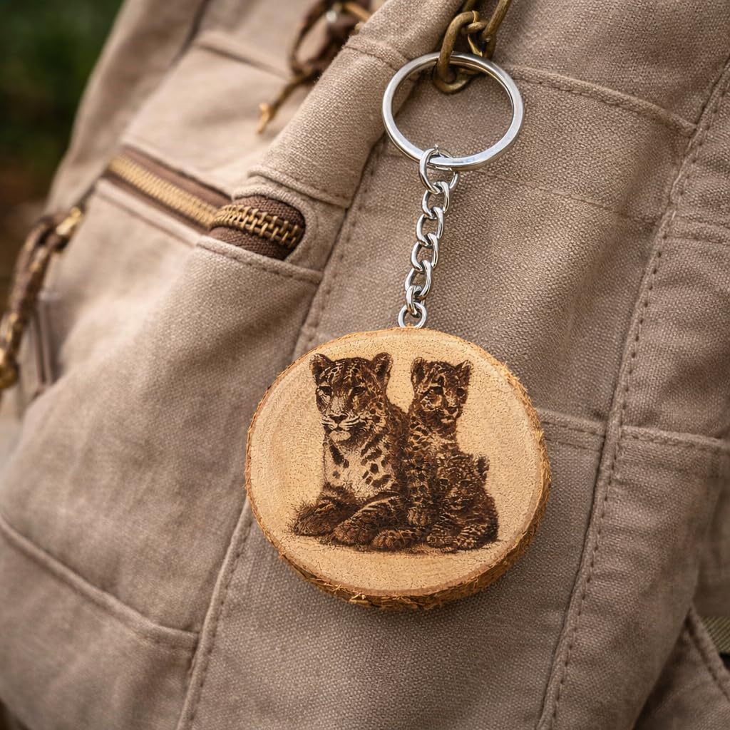 Schneeleoparden-Familie Lasergravierter Holz Schlüsselanhänger