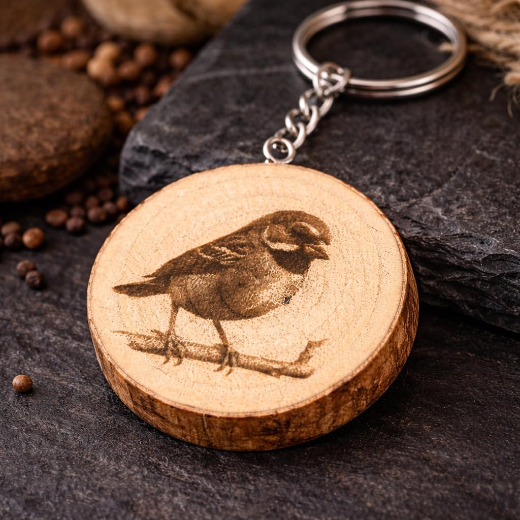 Spatz Lasergravierter Holz Schlüsselanhänger