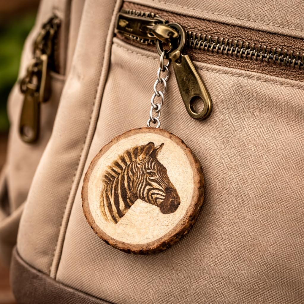 Promotech Majestätisches Zebra Handgefertigter Lasergravierter Einzelstück Schlüsselanhänger aus Holz – Tiermotiv, Naturholz, Geschenkidee für Safari- und Tierliebhaber