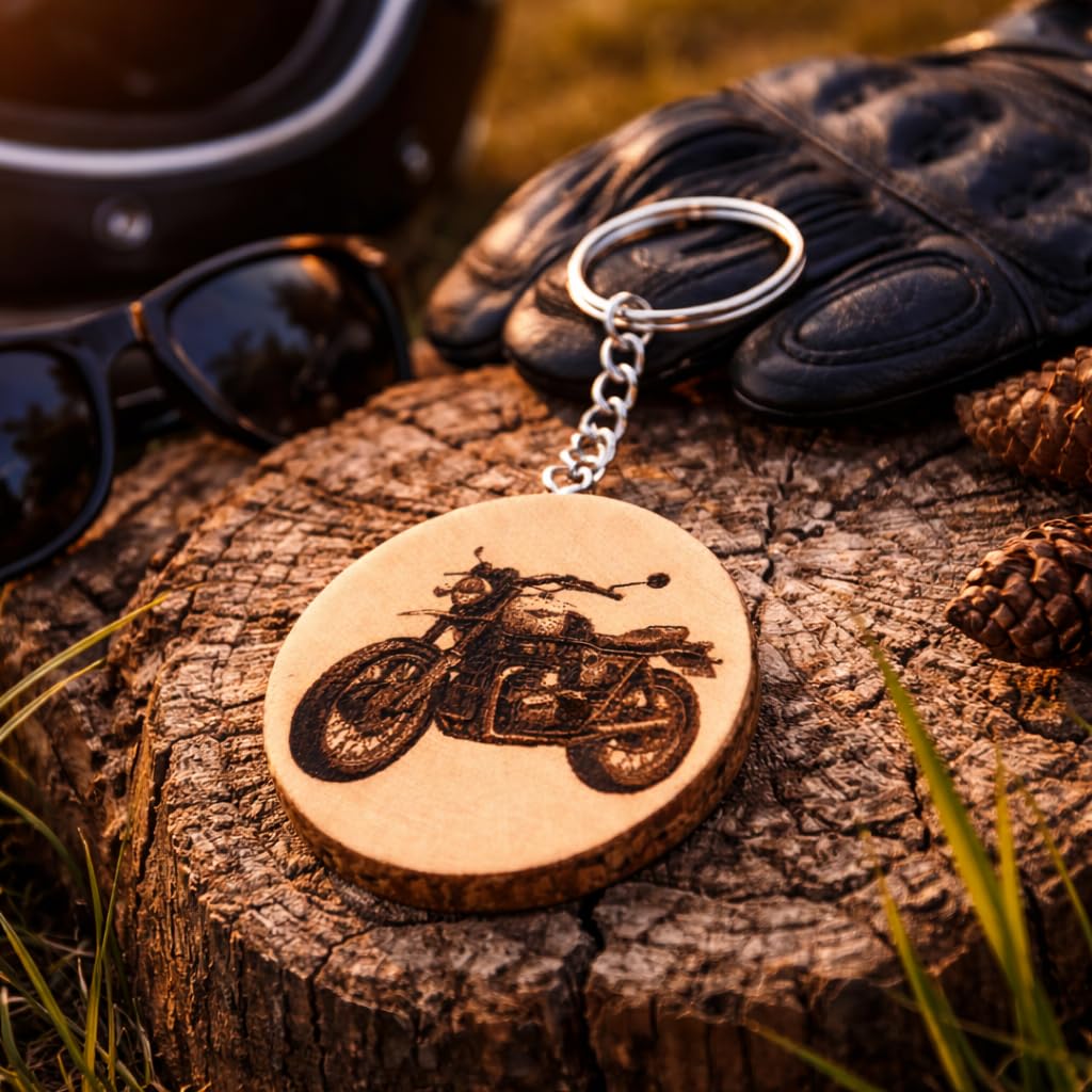 Ikonisches Motorrad Thunderbird Lasergravierter Holz Schlüsselanhänger