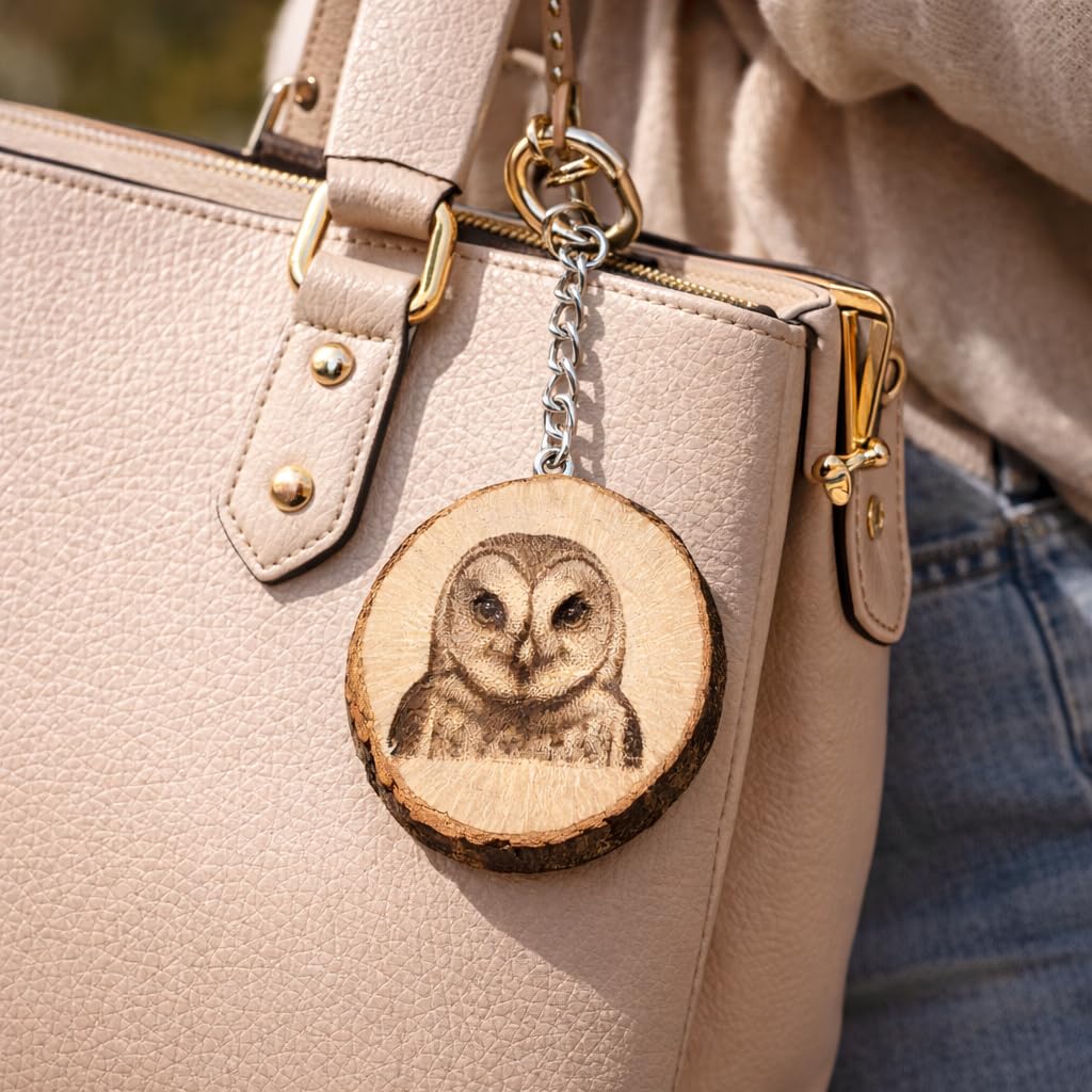 Promotech Schleiereule Greifvogel Handgefertigter Lasergravierter Holz-Schlüsselanhänger – Einzigartiger Naturholz-Schlüsselring für Tierliebhaber & Eulenfreunde