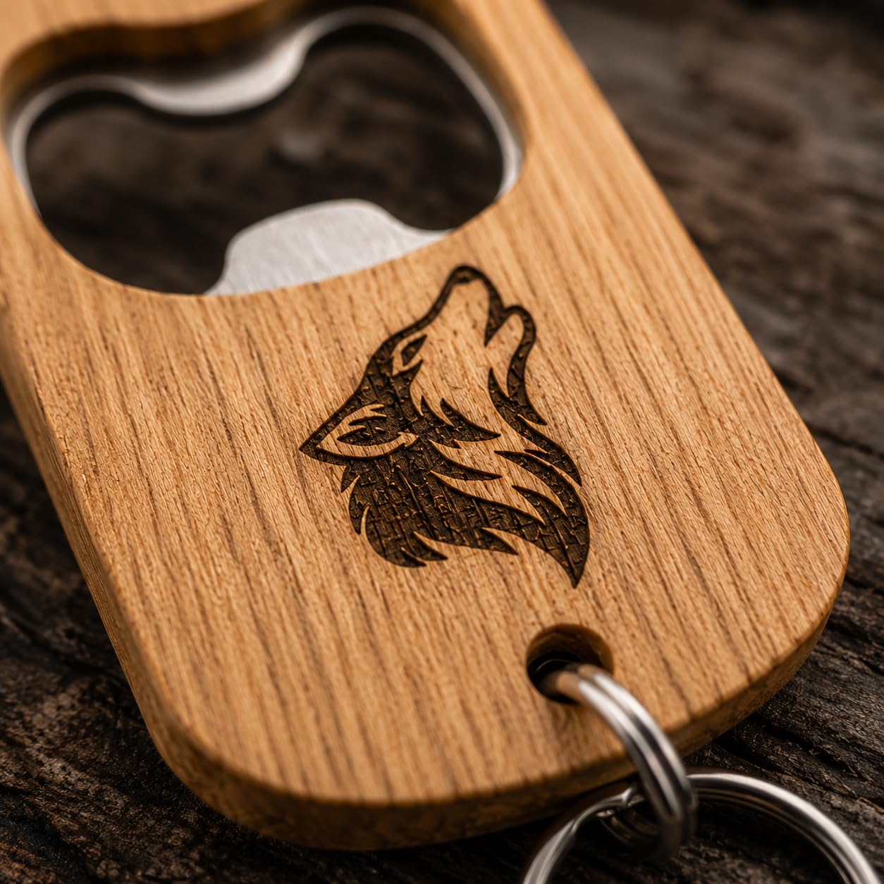 Holz Flaschenöffner Wolf mit Edelstahl-Einsatz