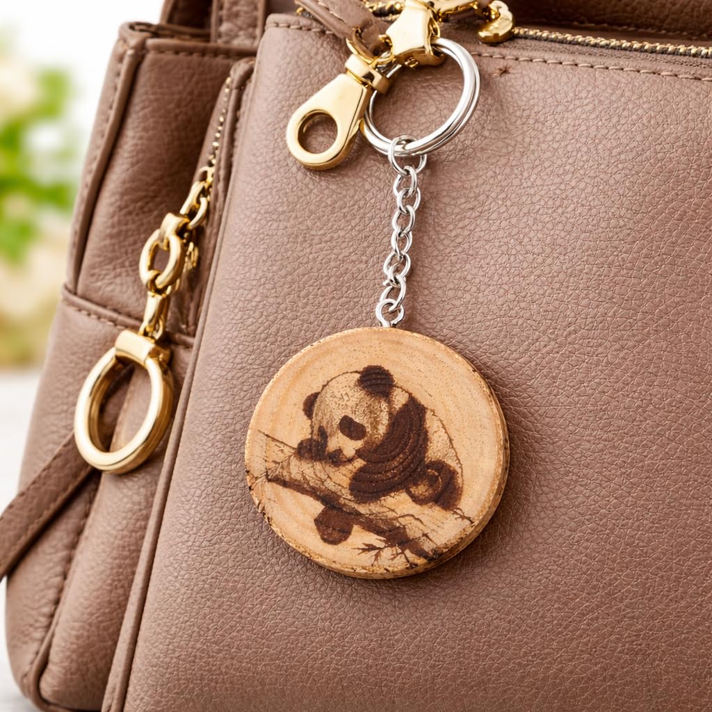 Promotech Sleeping Panda Handgefertigter Lasergravierter Einzelstück Schlüsselanhänger aus Holz – Süßes Tiermotiv, Naturholz, Geschenkidee für Panda- und Tierliebhaber