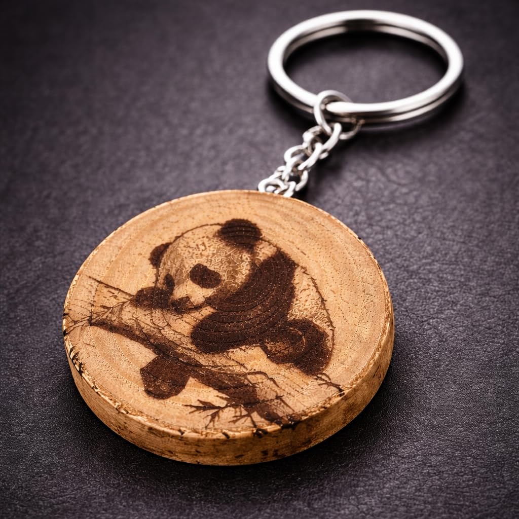 Promotech Sleeping Panda Handgefertigter Lasergravierter Einzelstück Schlüsselanhänger aus Holz – Süßes Tiermotiv, Naturholz, Geschenkidee für Panda- und Tierliebhaber