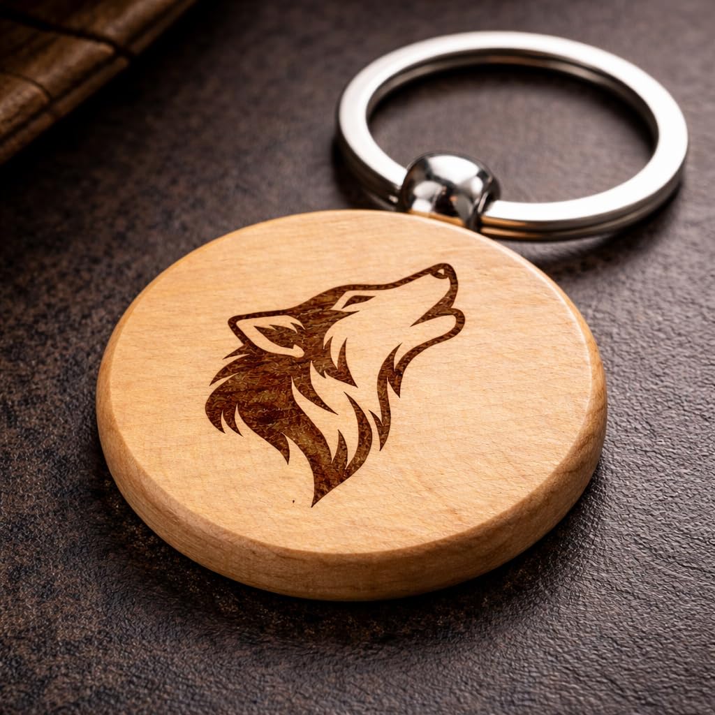 Minimaler Wolf Lasergravierter Holz Schlüsselanhänger