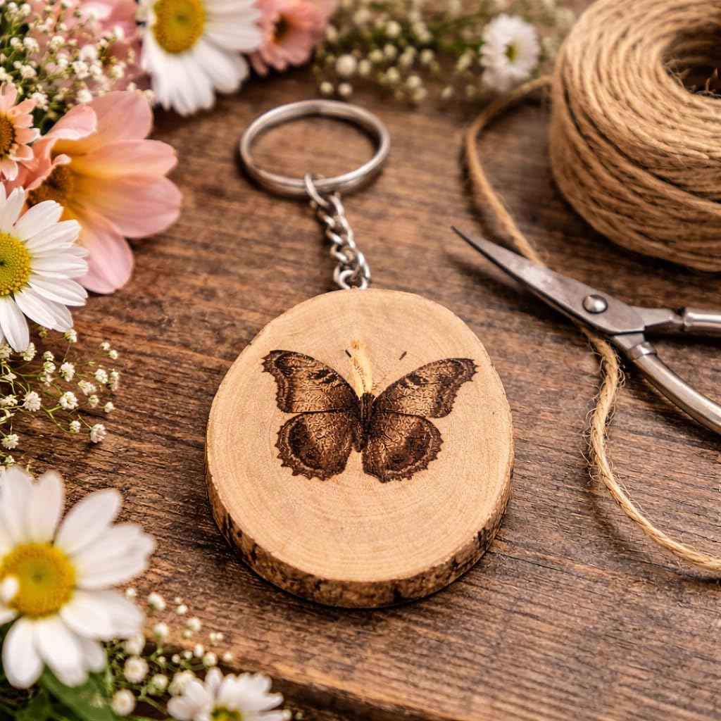 Promotech Tagpfauenauge Schmetterling Handgefertigter Lasergravierter Einzelstück Schlüsselanhänger aus Holz – Naturgetreues Insektenmotiv für Tierliebhaber & Schmetterlingsfreunde
