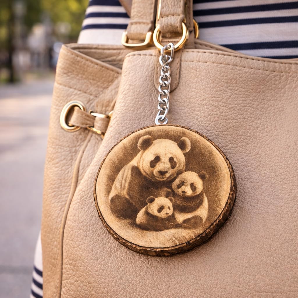 Promotech Panda Familie Handgefertigter Lasergravierter Holz-Schlüsselanhänger – Einzigartiger Naturholz-Schlüsselring für Tierliebhaber & Symbol für Familie und Zusammenhalt