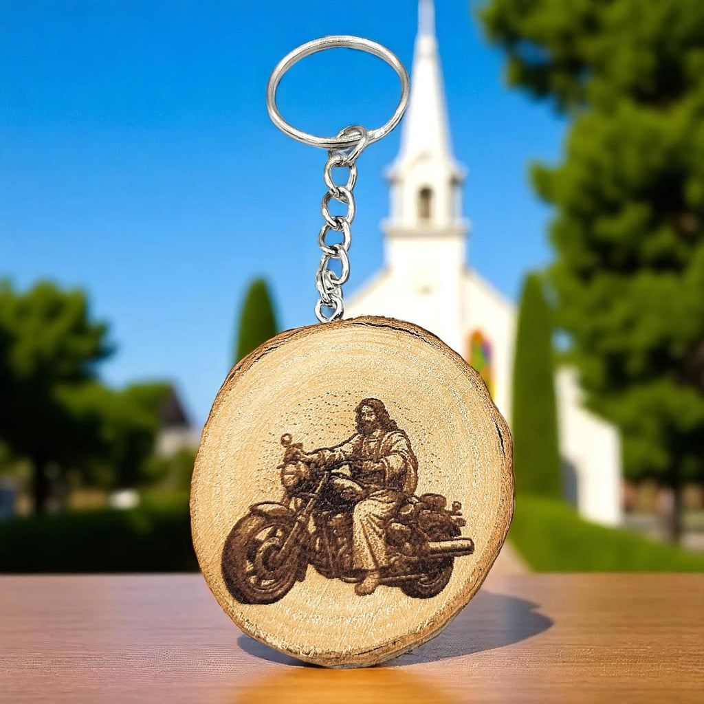 Jesus auf Motorrad mit Lasergravur Lasergravierter Holz Schlüsselanhänger