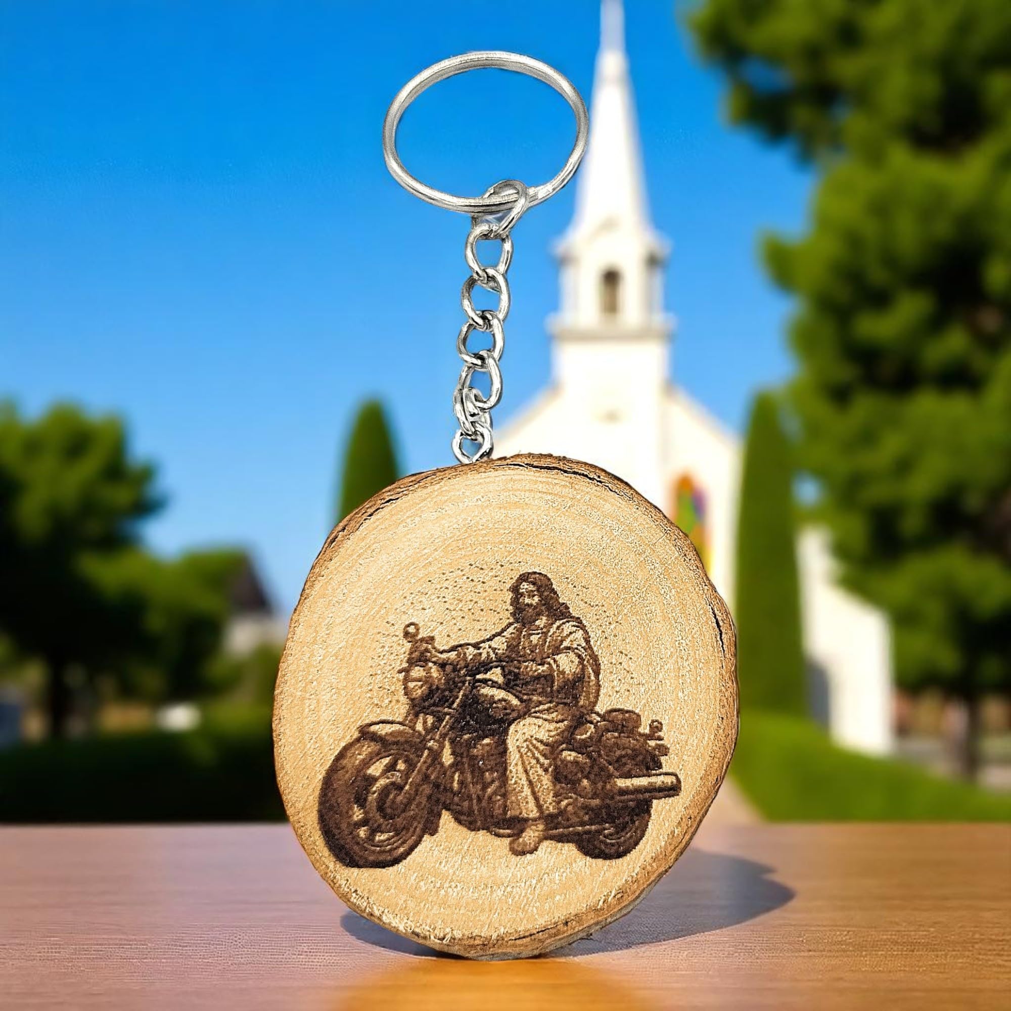 Jesus auf Motorrad mit Lasergravur Lasergravierter Holz Schlüsselanhänger