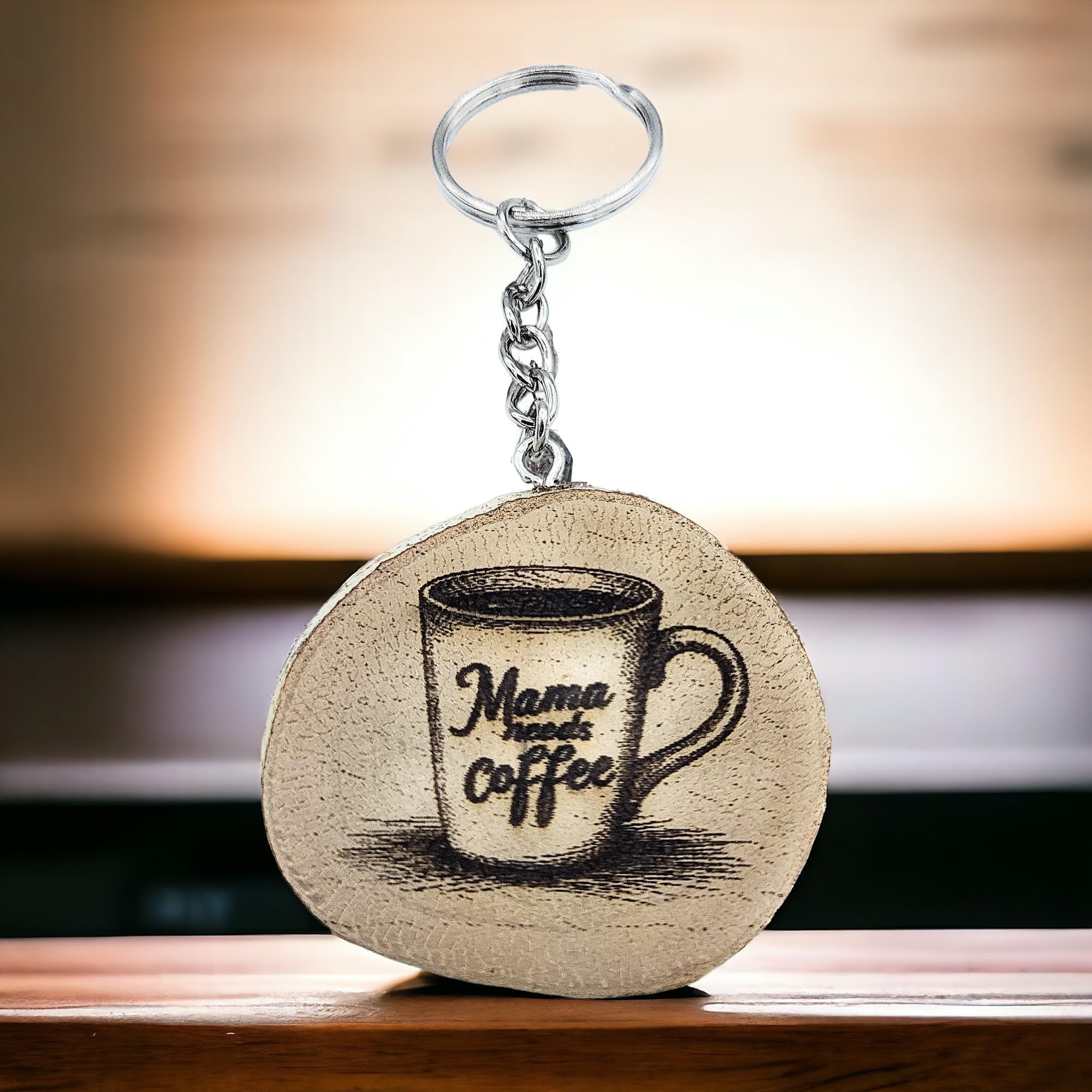 Mama Needs Coffee Lasergravierter Holz Schlüsselanhänger