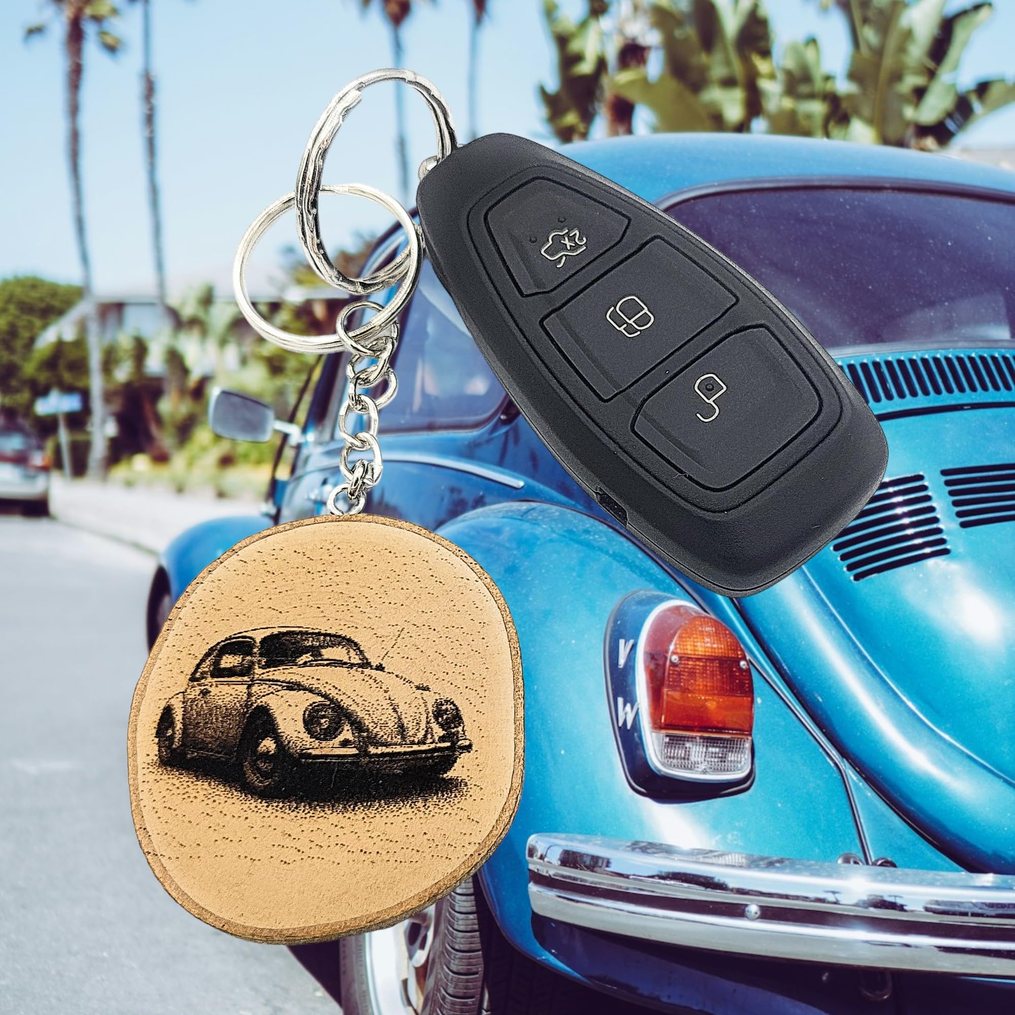 Legendäres Beetle Auto Lasergravierter Holz Schlüsselanhänger