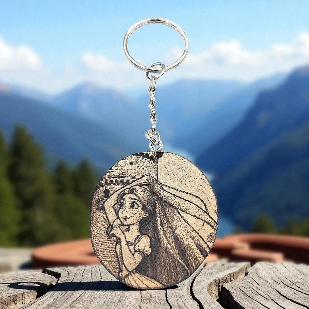 Promotech Rapunzel Schlüsselanhänger – Handgefertigter Holz Schlüsselring mit Lasergravur – Märchenmotiv im Turm für Fantasy- & Märchenfans