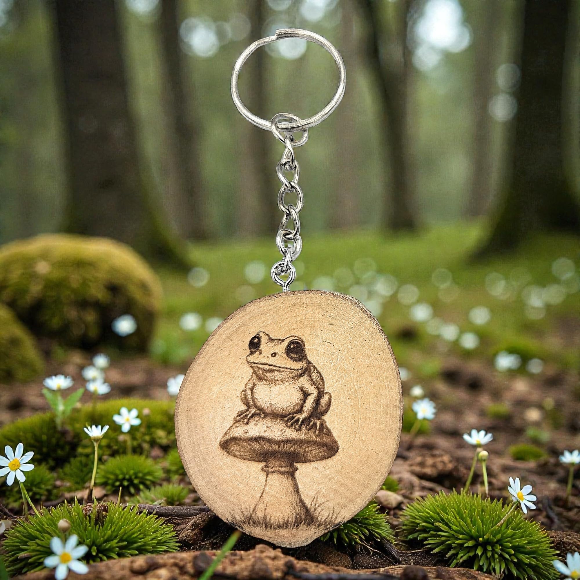 Frosch auf Fliegenpilz Lasergravierter Holz Schlüsselanhänger