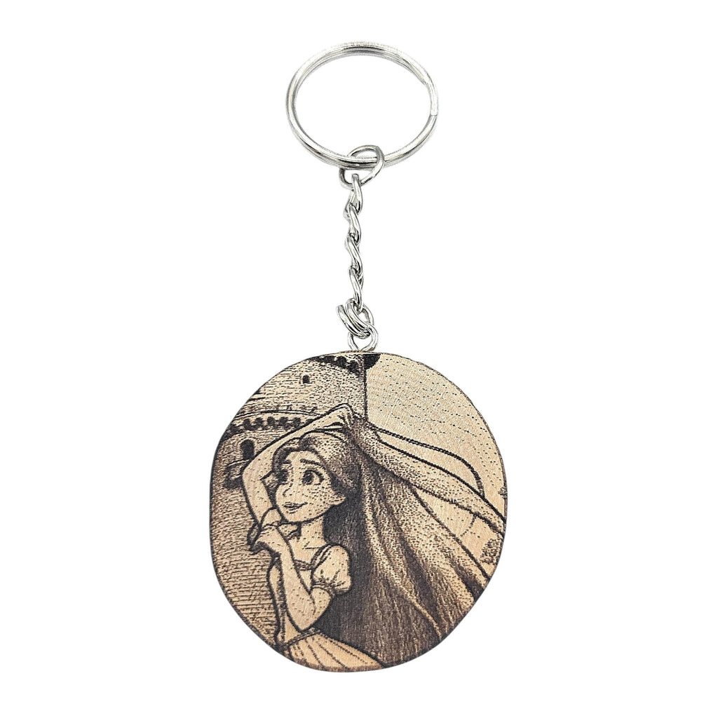 Promotech Rapunzel Schlüsselanhänger – Handgefertigter Holz Schlüsselring mit Lasergravur – Märchenmotiv im Turm für Fantasy- & Märchenfans
