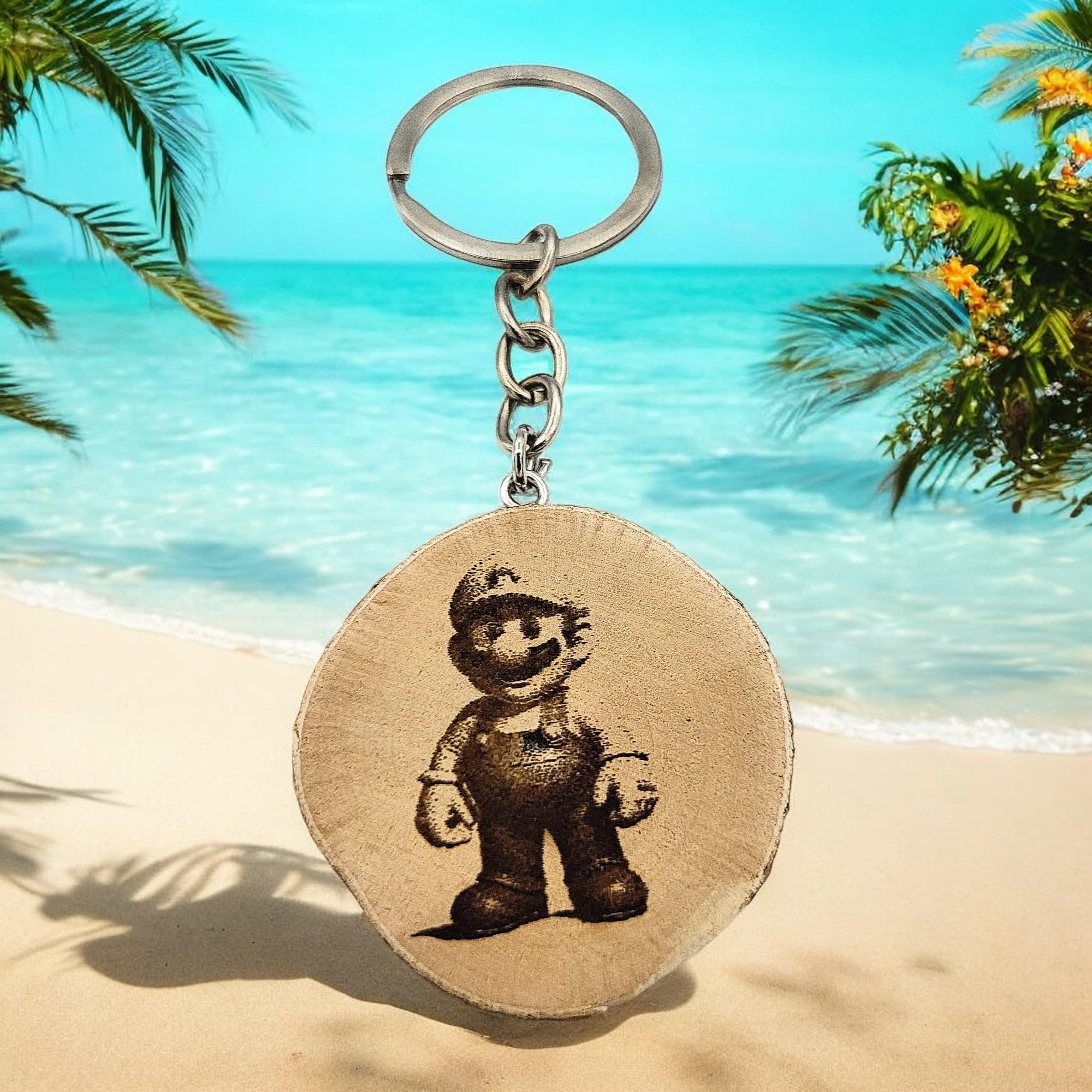 Promotech Gamer Mario Schlüsselanhänger – Handgefertigter, lasergravierter Einzelstück-Schlüsselanhänger aus Naturholz für Gaming-Fans