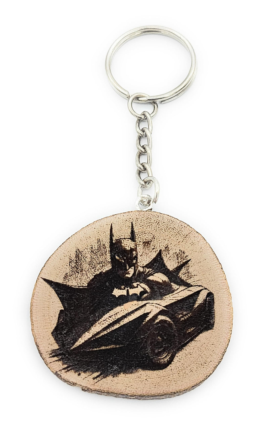 Promotech Bat Superheld Handgefertigter Lasergravierter Einzelstück Schlüsselanhänger aus Holz – Heldenhaftes Design für Comic-Fans
