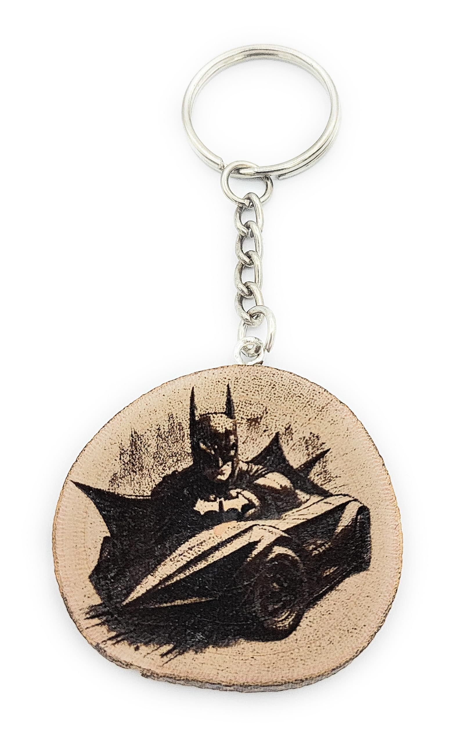 Promotech Bat Superheld Handgefertigter Lasergravierter Einzelstück Schlüsselanhänger aus Holz – Heldenhaftes Design für Comic-Fans
