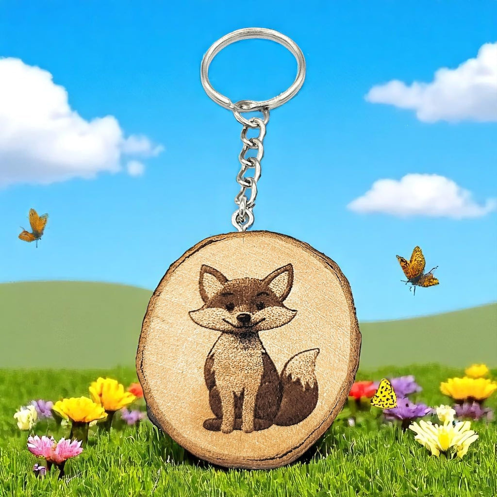 Fröhlicher Fuchs Lasergravierter Holz Schlüsselanhänger