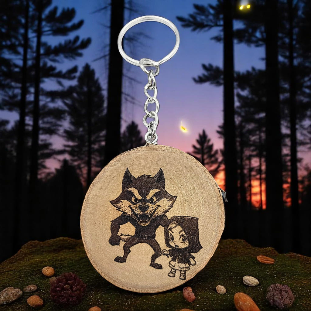 Rotkäppchen und der böse Wolf Lasergravierter Holz Schlüsselanhänger