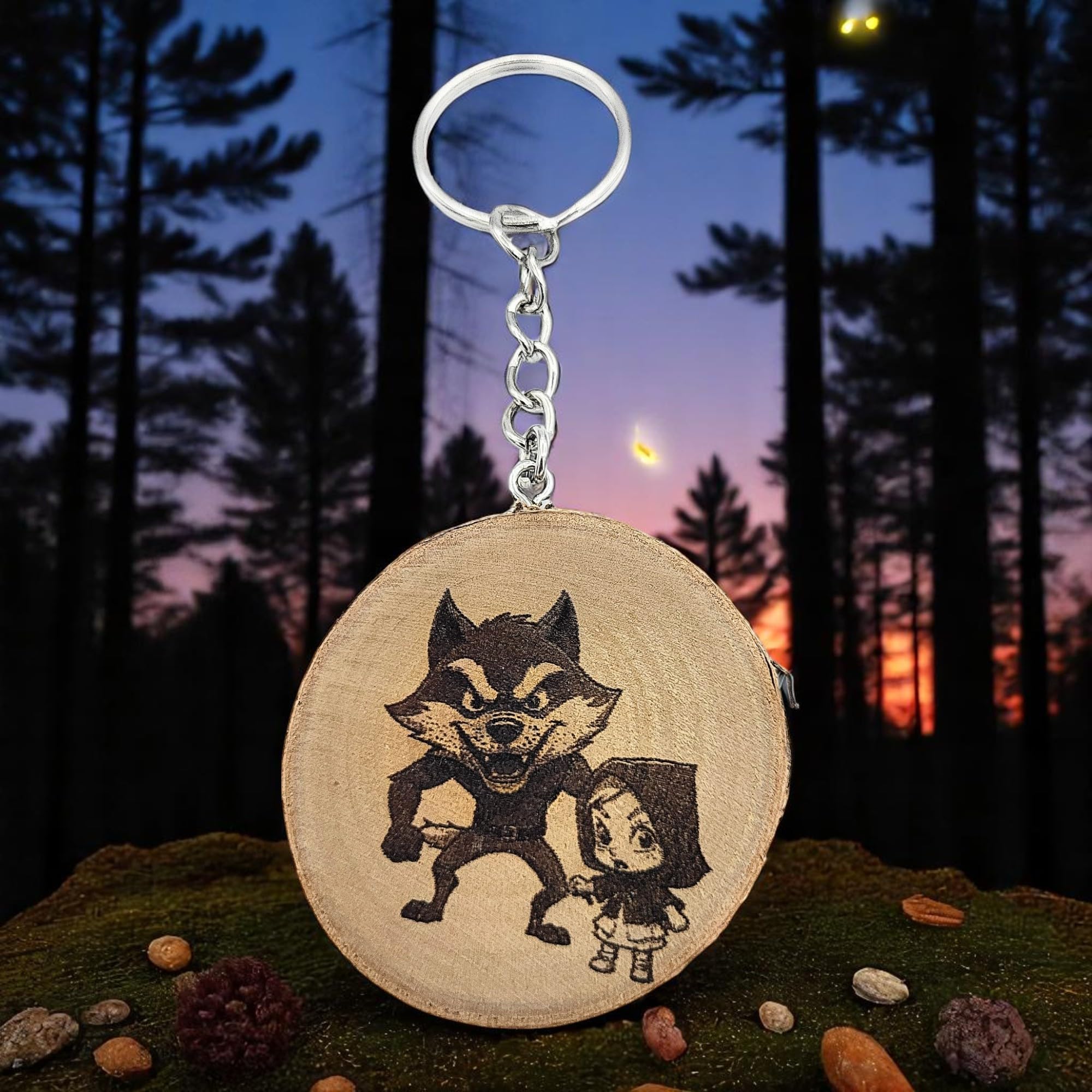 Rotkäppchen und der böse Wolf Lasergravierter Holz Schlüsselanhänger