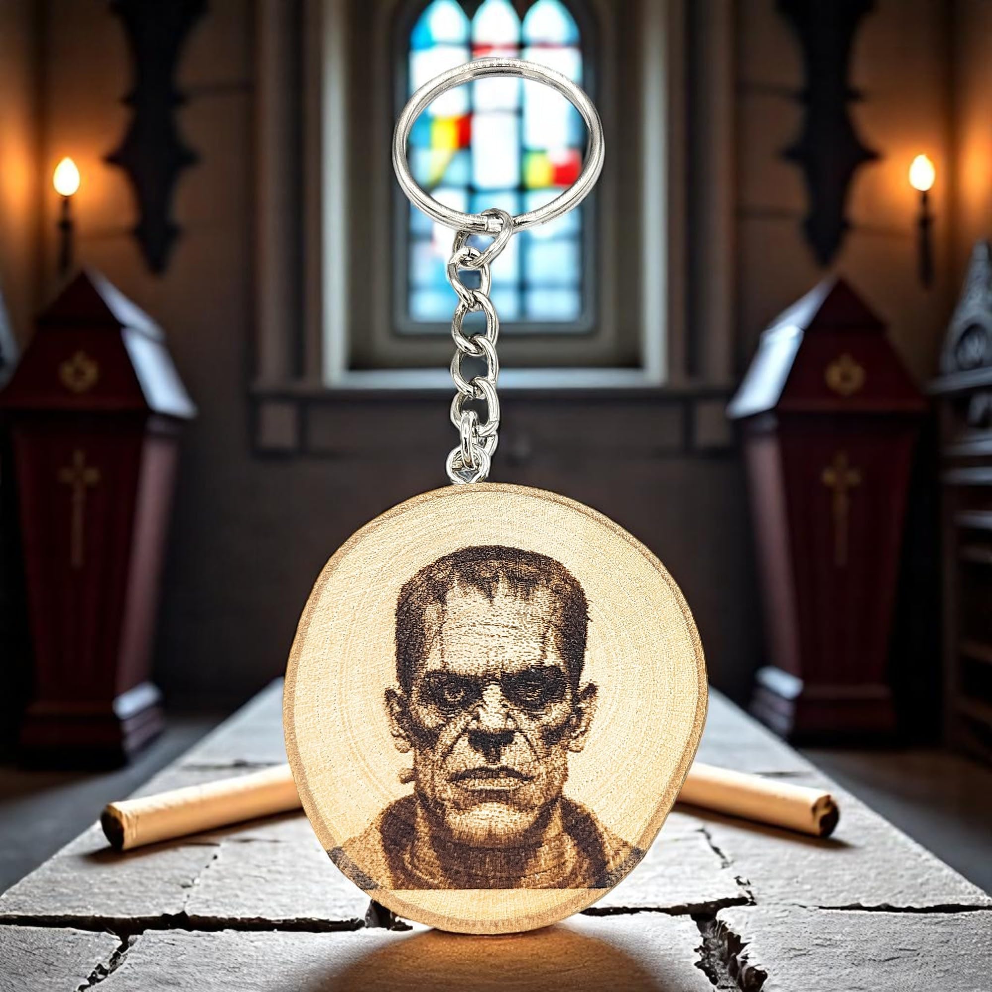 Frankenstein's Monster Lasergravierter Holz Schlüsselanhänger