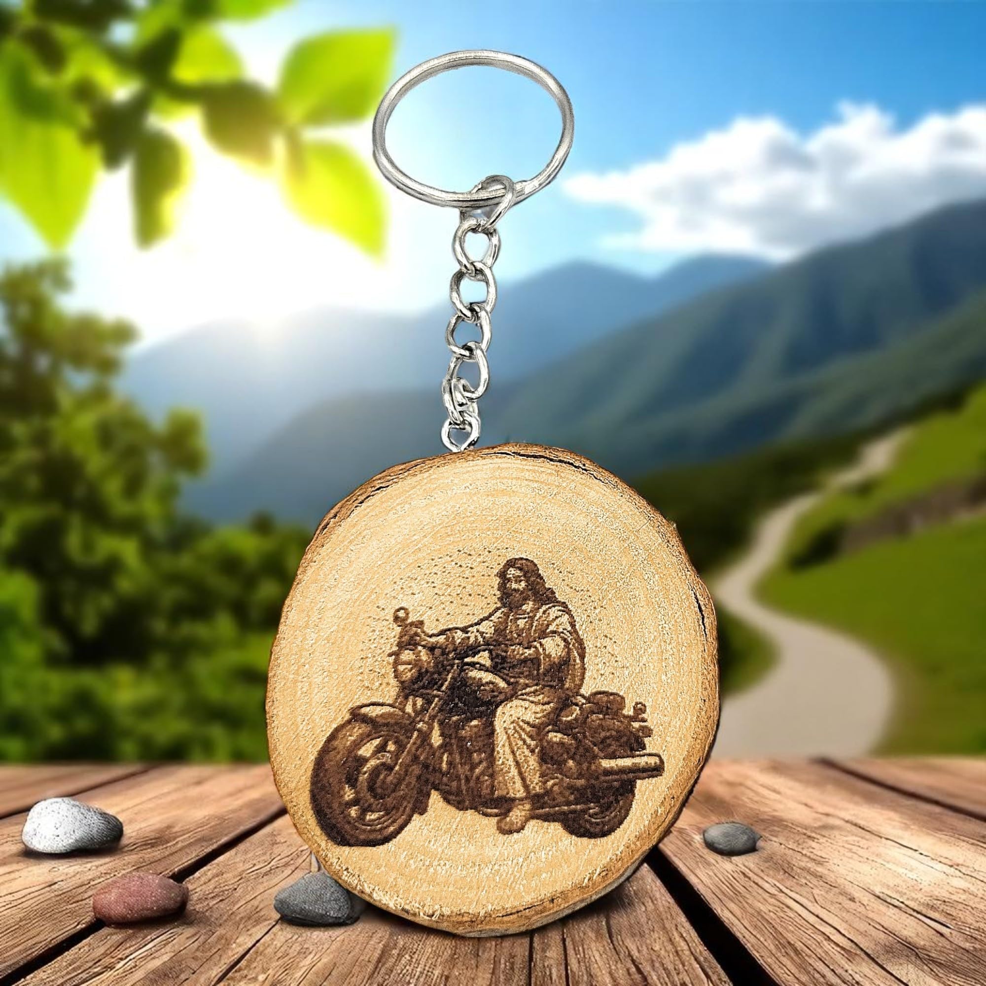 Jesus auf Motorrad mit Lasergravur Lasergravierter Holz Schlüsselanhänger