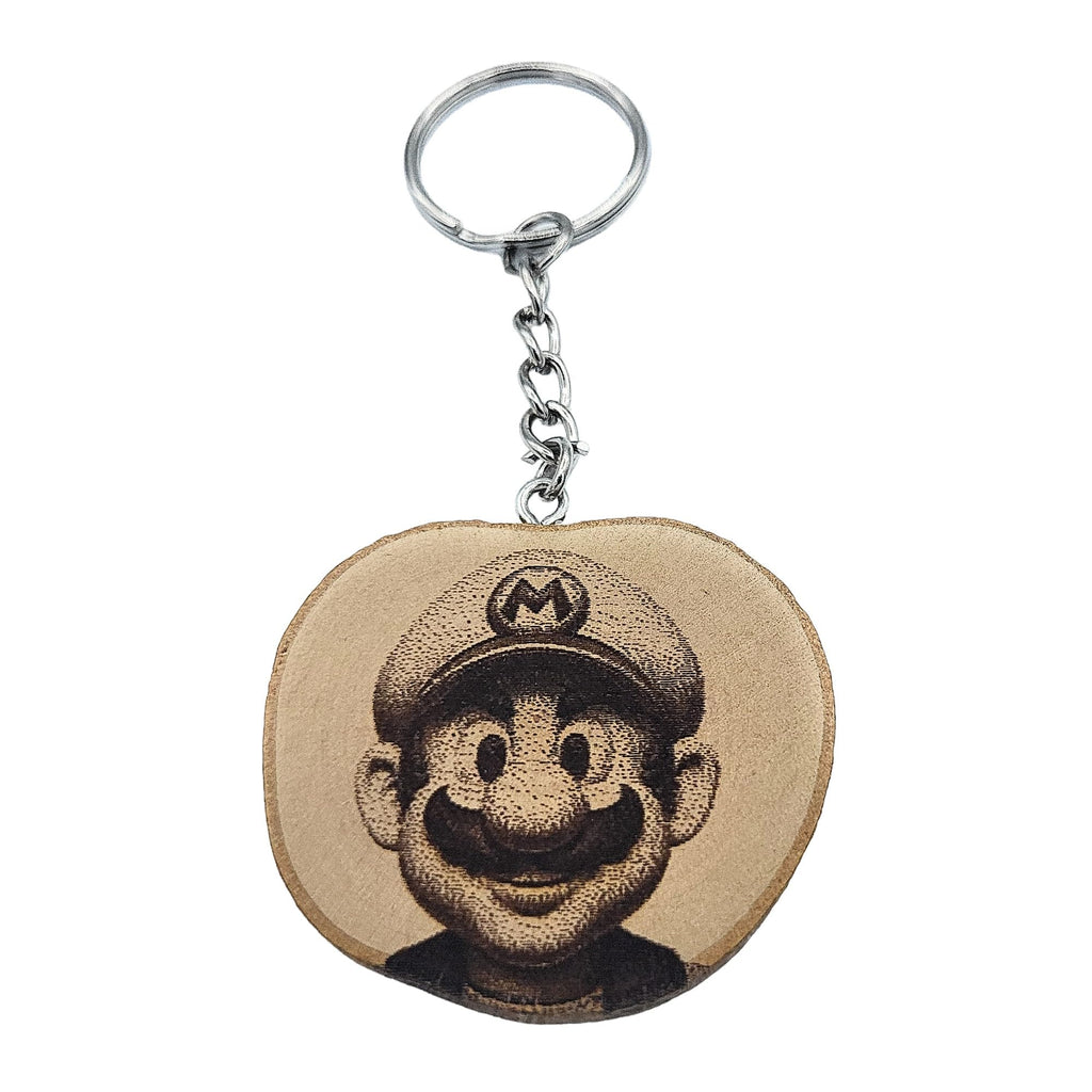 Promotech Gamer Mario Handgefertigter Lasergravierter Einzelstück Schlüsselanhänger aus Holz – Retro Videospiel Design, Naturholz, Geschenkidee für Gamer