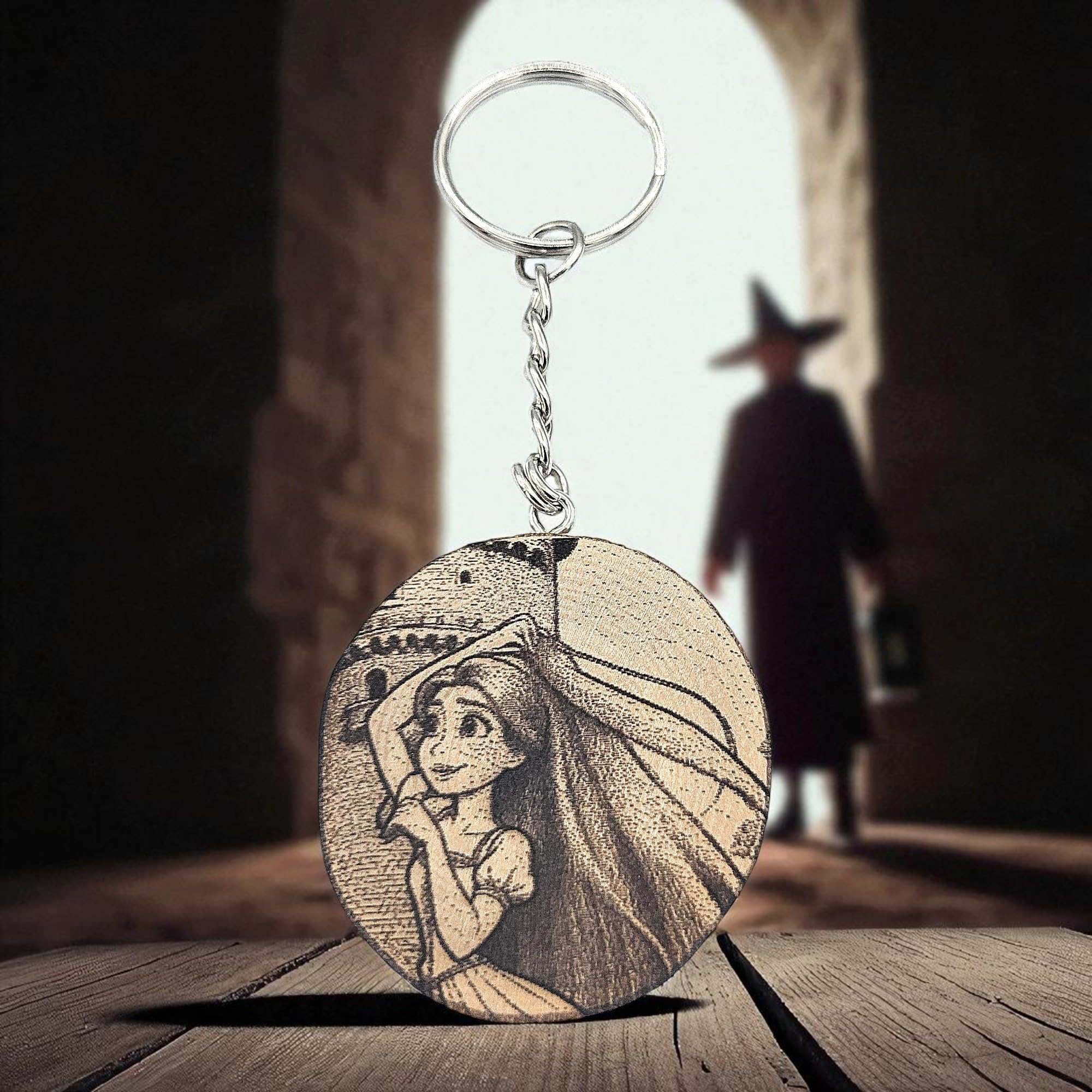 Promotech Rapunzel Schlüsselanhänger – Handgefertigter Holz Schlüsselring mit Lasergravur – Märchenmotiv im Turm für Fantasy- & Märchenfans