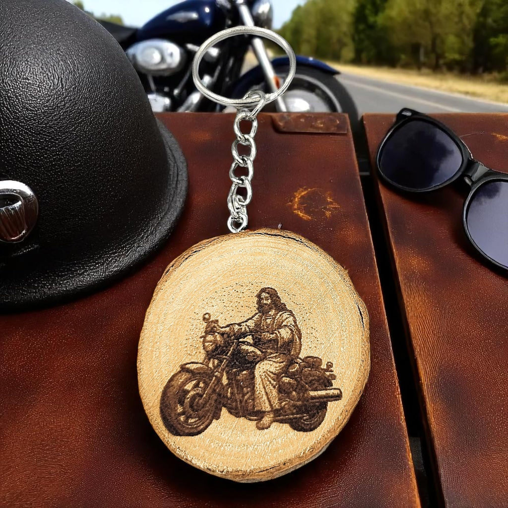 Jesus auf Motorrad mit Lasergravur Lasergravierter Holz Schlüsselanhänger