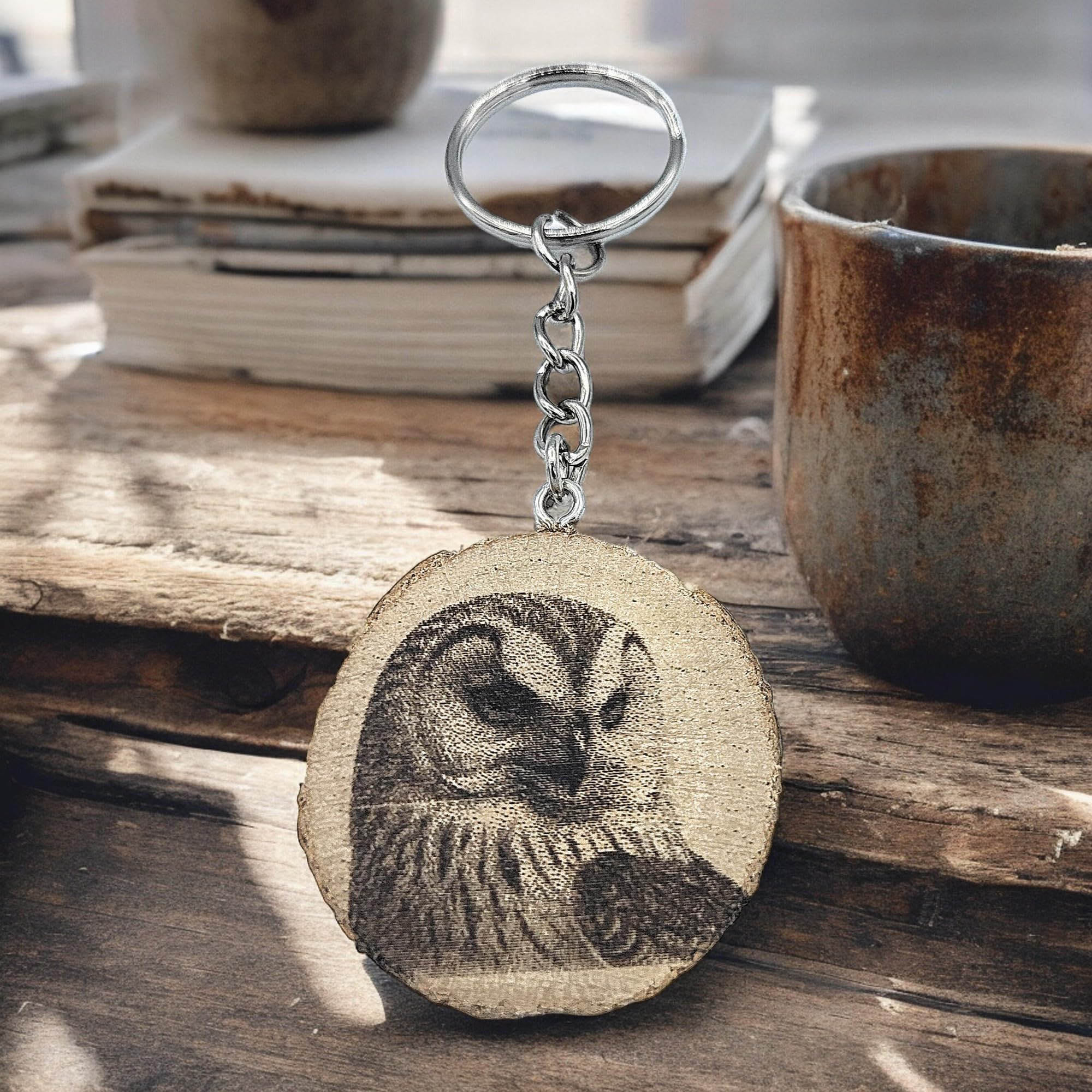 Schnee-Eule Greifvogel Lasergravierter Holz Schlüsselanhänger