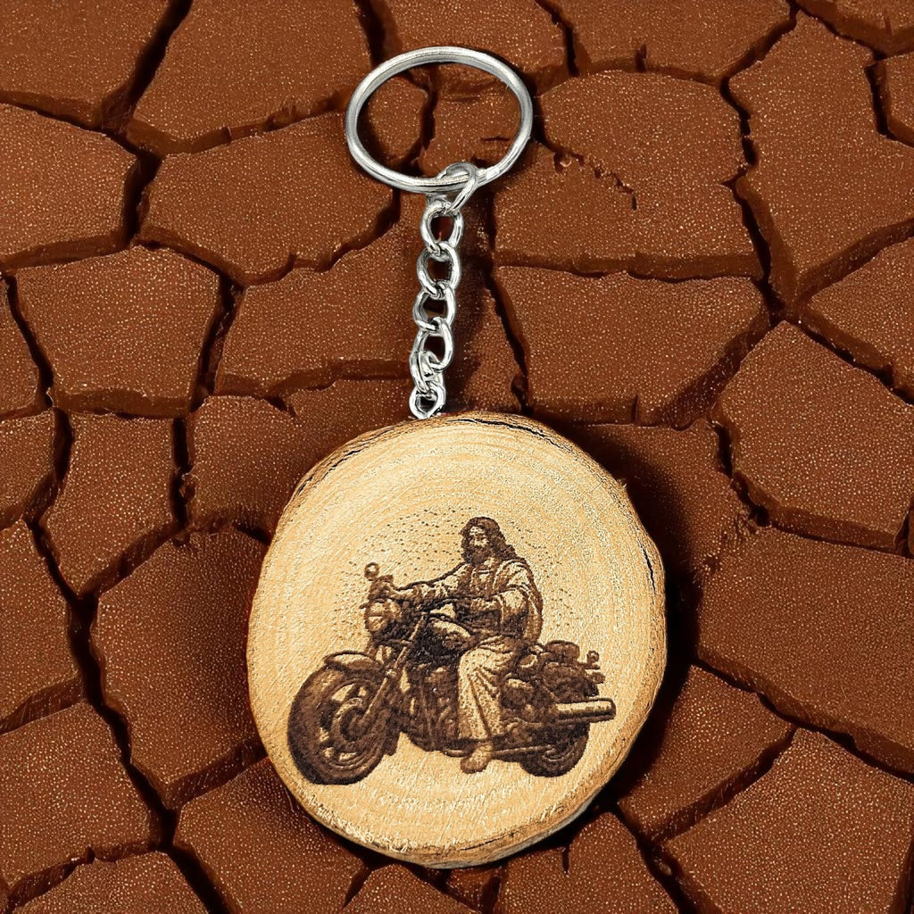 Jesus auf Motorrad mit Lasergravur Lasergravierter Holz Schlüsselanhänger
